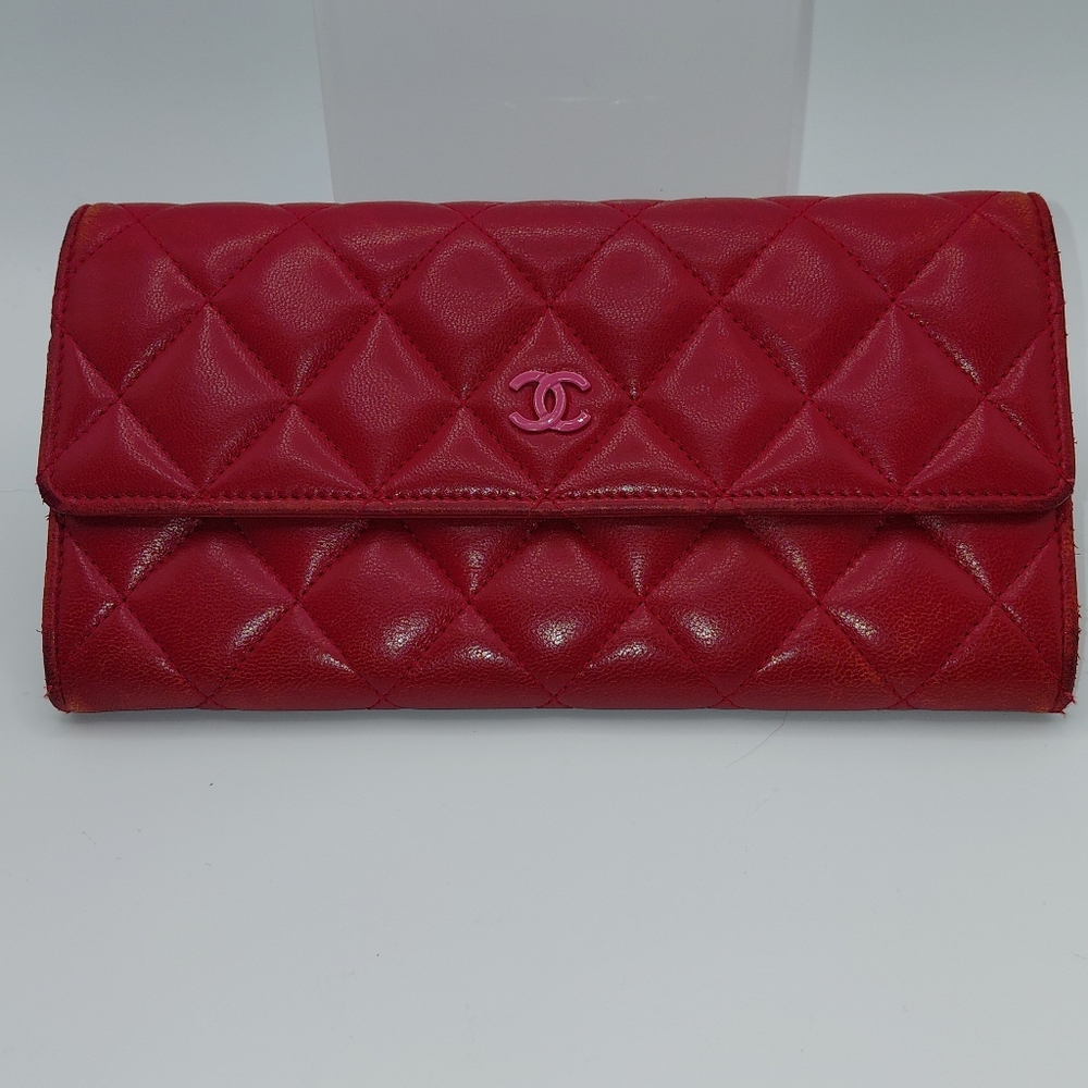 CHANEL Red Pink Quilted Matelasse Lambskin Long Wallet